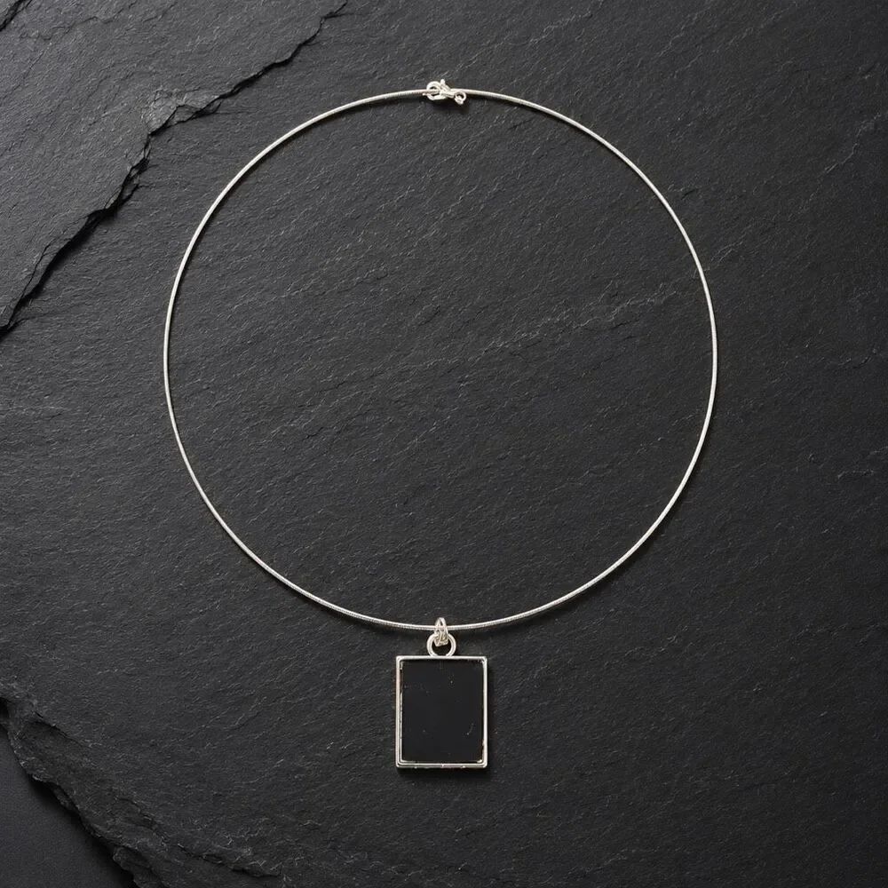 Black Pendant on Silver-Tone Omega Wire Choker – Minimalist Necklace